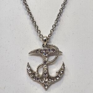 Anchor Clear Rhinestone Silver Tone Pendant Chain Necklace Nautical Cruise Beach